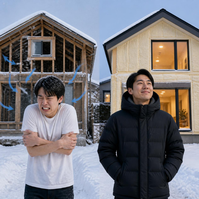 真冬に下着一枚の人と厚手のダウンジャケットを着込んでいる人